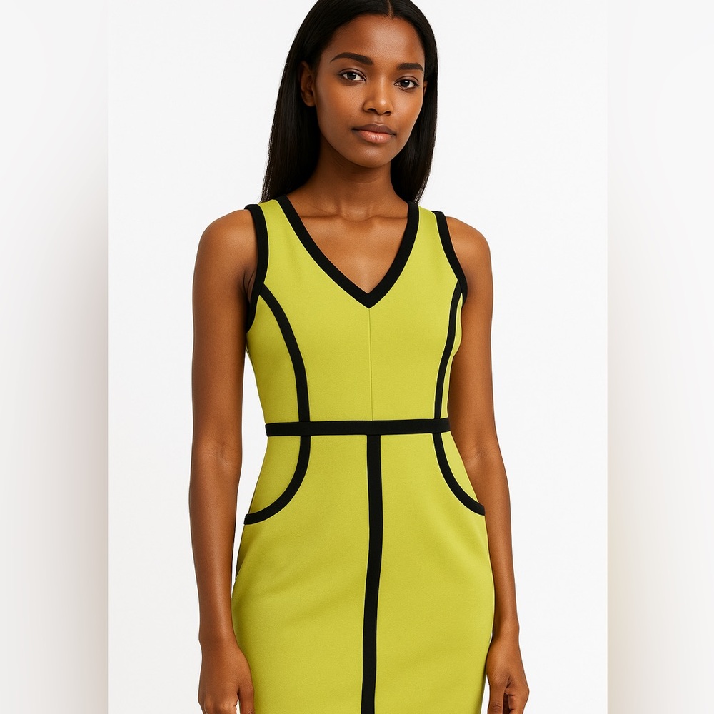 Vibrant Green V-Neck Dress with Black Accents